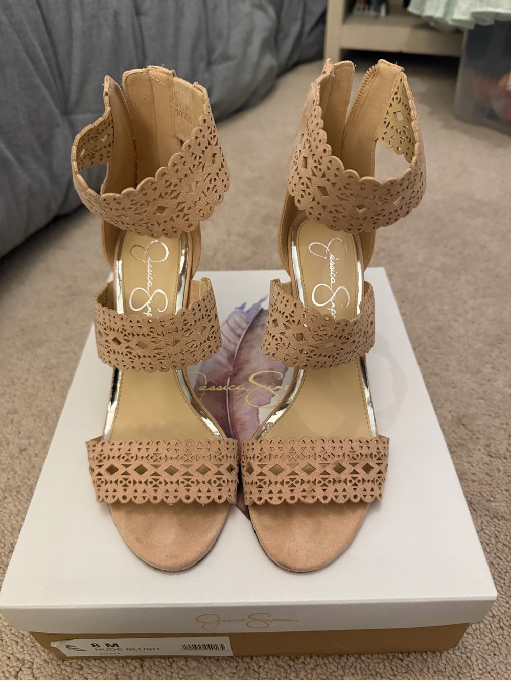 Jessica Simpson Blush Laser-Cut Scalloped Ankle Strap Heels